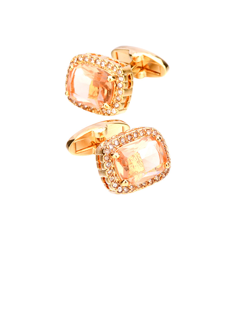 Elegant Bright Plated Gold Geometric Cufflinks with Champagne Cubic Zirconia - Luxurious Look