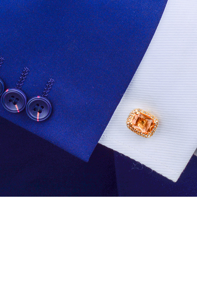 Elegant Bright Plated Gold Geometric Cufflinks with Champagne Cubic Zirconia - Luxurious Look