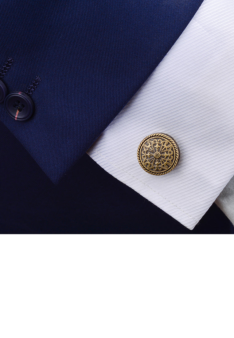 Vintage Elegant Plated Gold Roman Pattern Geometric Round Cufflinks