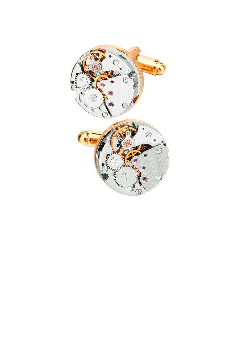 Fashion Personality Plated Gold Watch Movement Geometric Round Cufflinks