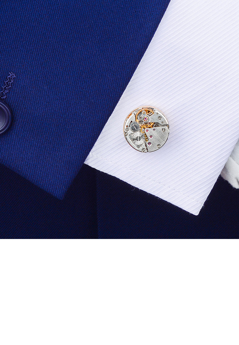Fashion Personality Plated Gold Watch Movement Geometric Round Cufflinks