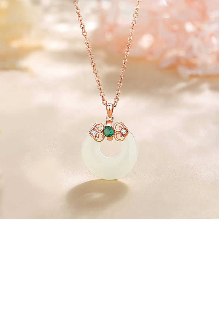925 Sterling Silver Plated Rose Gold Fashion Vintage Pattern Ruyi Safe Buckle Pendant with Cubic Zirconia and Necklace - Luxurious Look