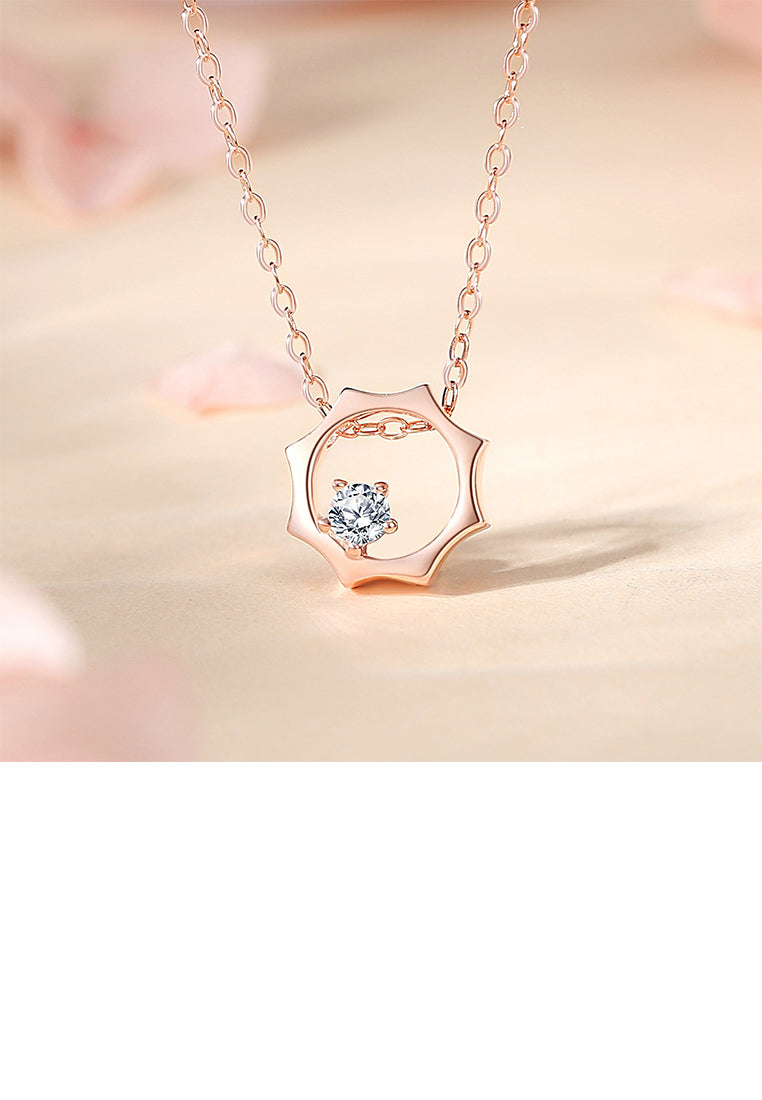 925 Sterling Silver Plated Rose Gold Simple and Fashion Hollow Sun Pendant with Cubic Zirconia and Necklace - Luxurious Look