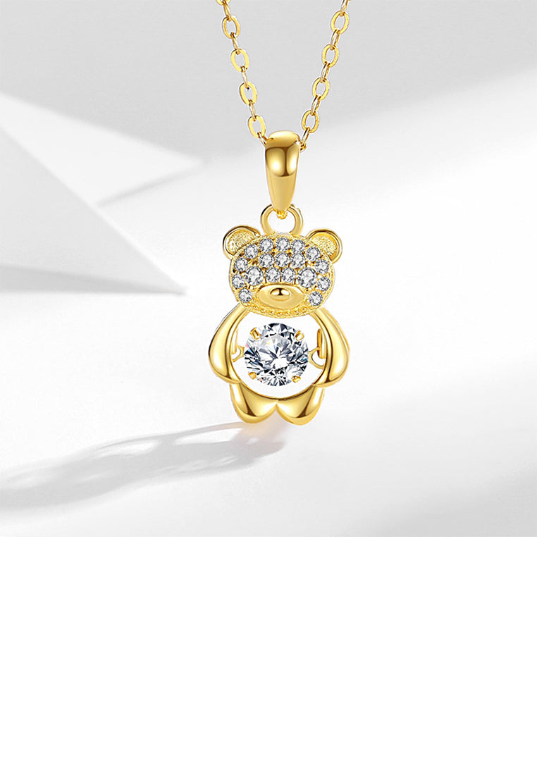 925 Sterling Silver Plated Gold Simple Cute Bear Pendant with Cubic Zirconia and Necklace - Luxurious Look