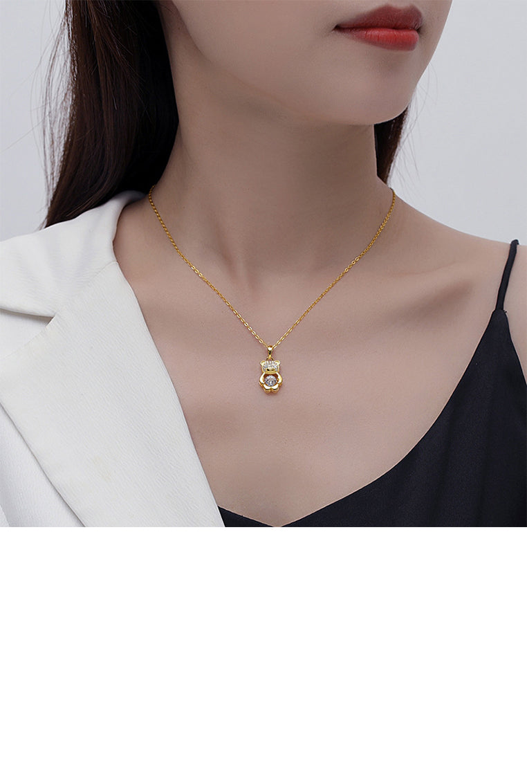 925 Sterling Silver Plated Gold Simple Cute Bear Pendant with Cubic Zirconia and Necklace - Luxurious Look