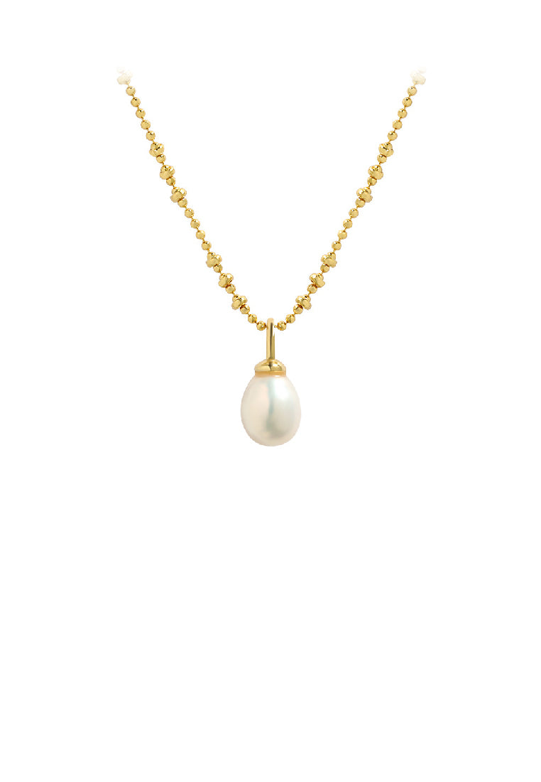 925 Sterling Silver Plated Gold Simple Classic Freshwater Pearl Pendant with Beaded Necklace - Luxurious Look