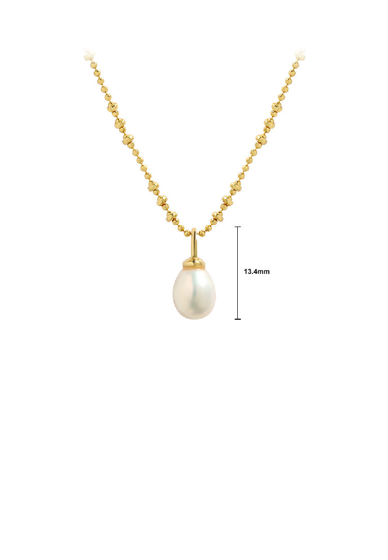 925 Sterling Silver Plated Gold Simple Classic Freshwater Pearl Pendant with Beaded Necklace - Luxurious Look