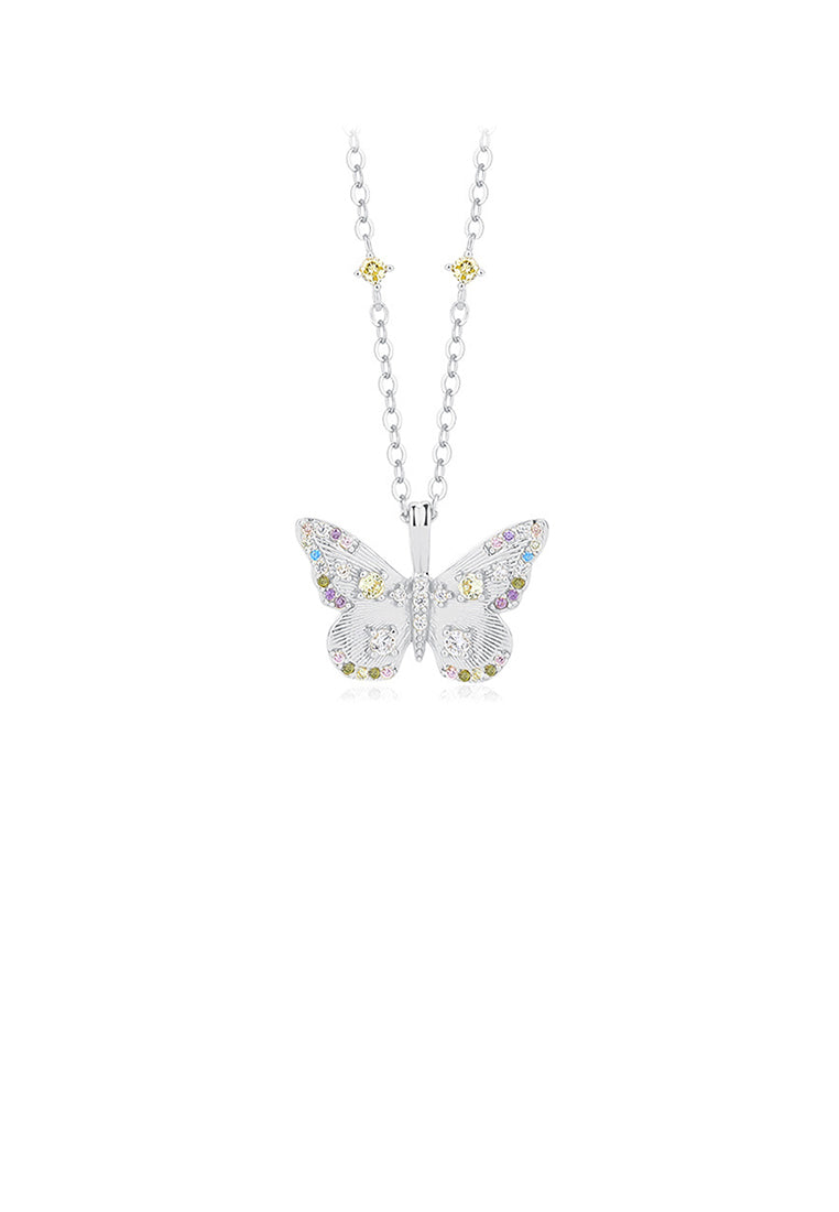 925 Sterling Silver Simple Elegant Butterfly Pendant with Colored Cubic Zirconia and Necklace - Luxurious Look