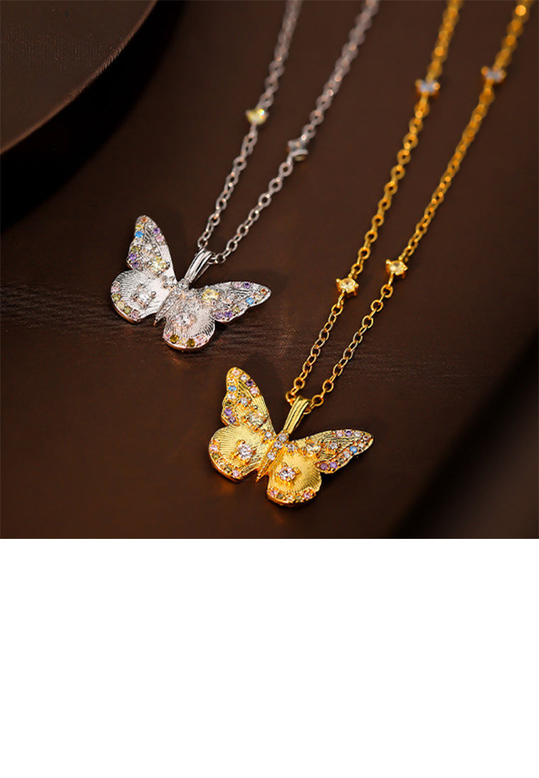 925 Sterling Silver Simple Elegant Butterfly Pendant with Colored Cubic Zirconia and Necklace - Luxurious Look