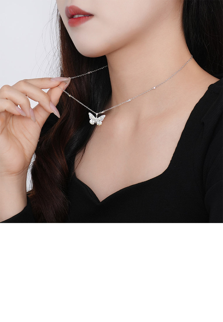 925 Sterling Silver Simple Elegant Butterfly Pendant with Colored Cubic Zirconia and Necklace - Luxurious Look