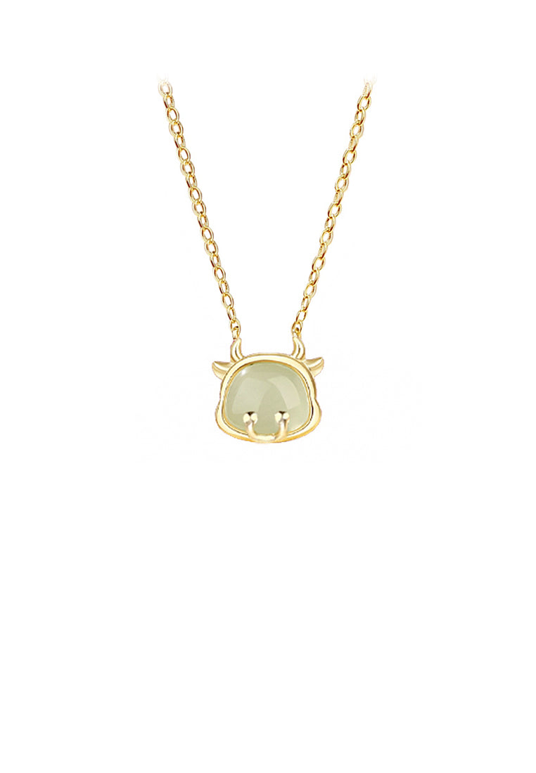 925 Sterling Silver Plated Gold Simple and Fashion Twelve Zodiac Ox Pendant with Imitation Hetian Jade and Necklace