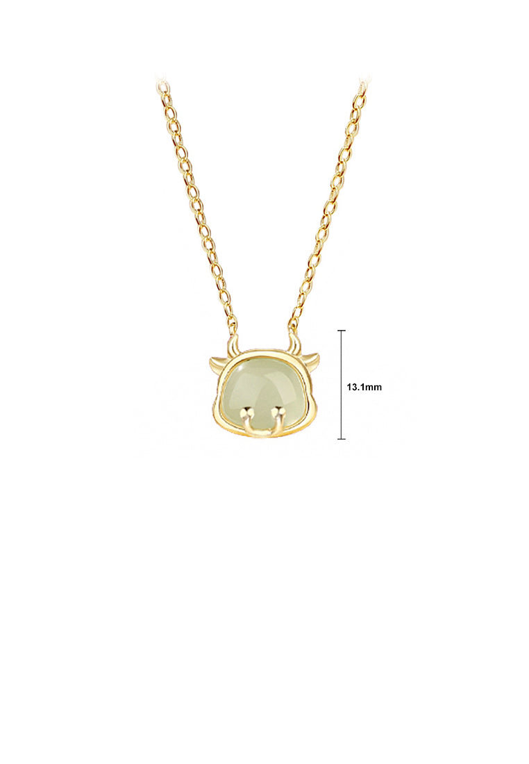 925 Sterling Silver Plated Gold Simple and Fashion Twelve Zodiac Ox Pendant with Imitation Hetian Jade and Necklace