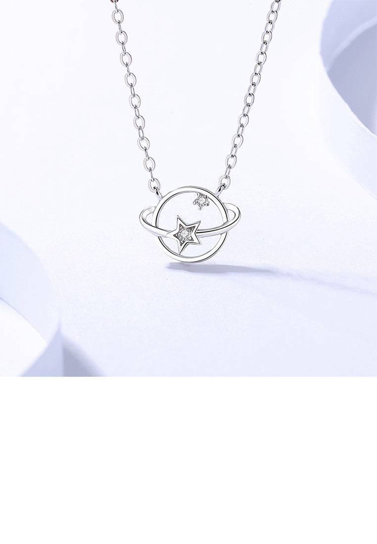 925 Sterling Silver Simple and Elegant Hollow Planet Pendant with Cubic Zirconia and Necklace - Luxurious Look