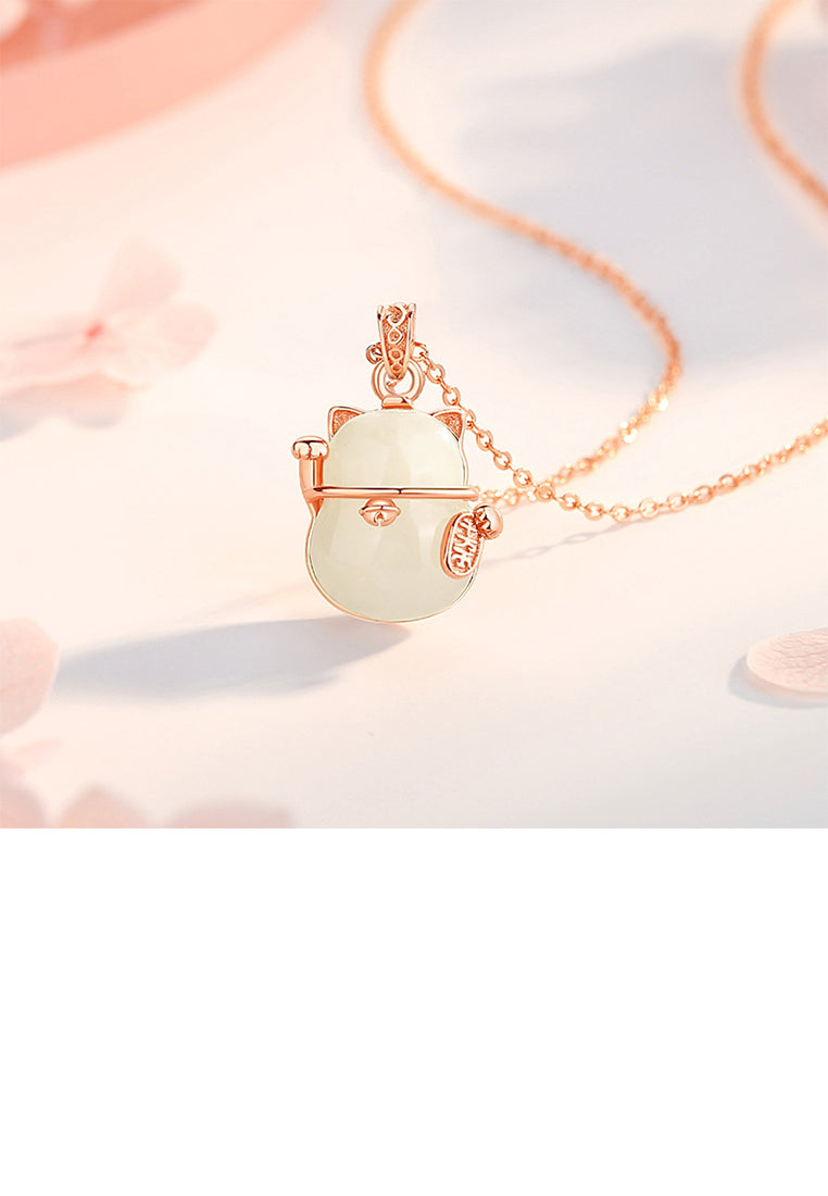 925 Sterling Silver Plated Rose Gold Fashion Vintage Lucky Cat Pendant with Necklace