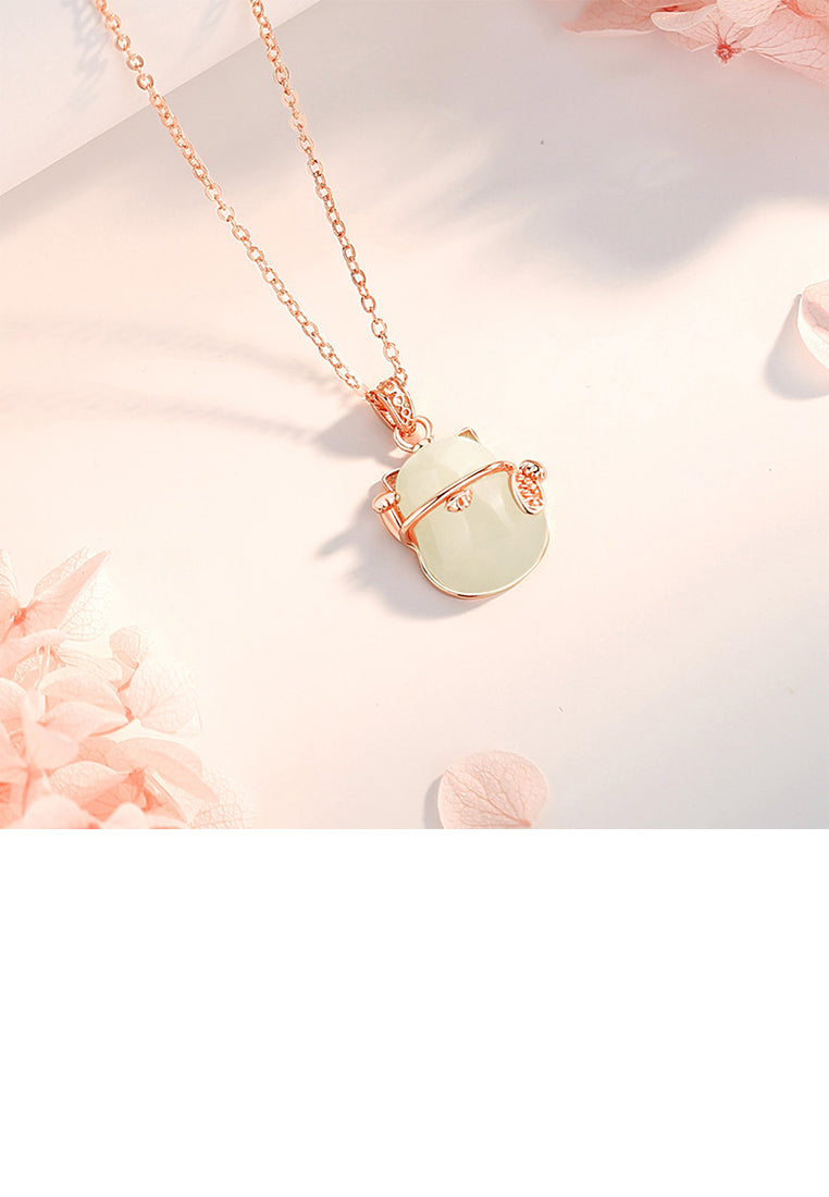 925 Sterling Silver Plated Rose Gold Fashion Vintage Lucky Cat Pendant with Necklace