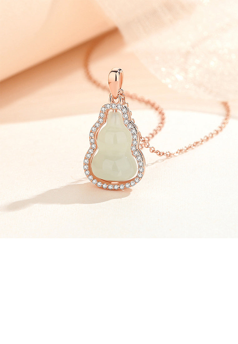 925 Sterling Silver Plated Gold Fashion Vintage Gourd Imitation Chalcedony Pendant with Cubic Zirconia and Necklace - Luxurious Look