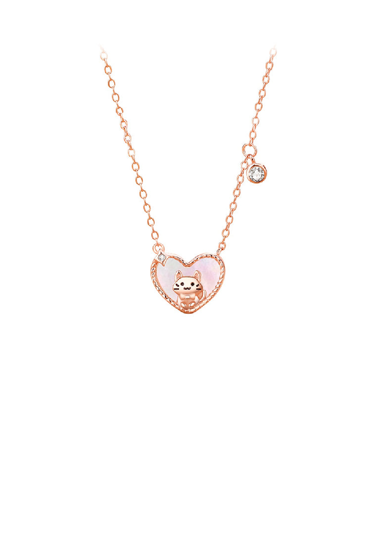 925 Sterling Silver Plated Rose Gold Simple Cute Cat Heart Shaped Mother-of-pearl Pendant with Cubic Zirconia and Necklace - Luxurious Look