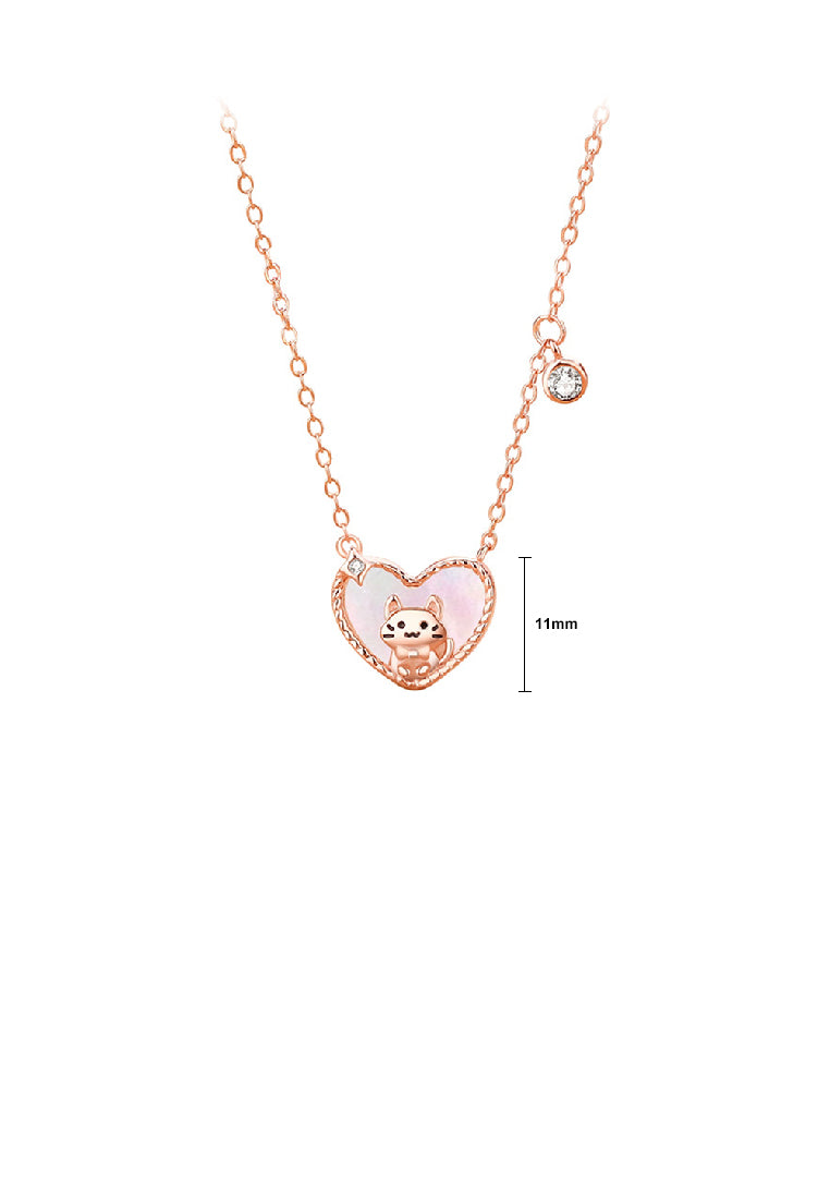 925 Sterling Silver Plated Rose Gold Simple Cute Cat Heart Shaped Mother-of-pearl Pendant with Cubic Zirconia and Necklace - Luxurious Look