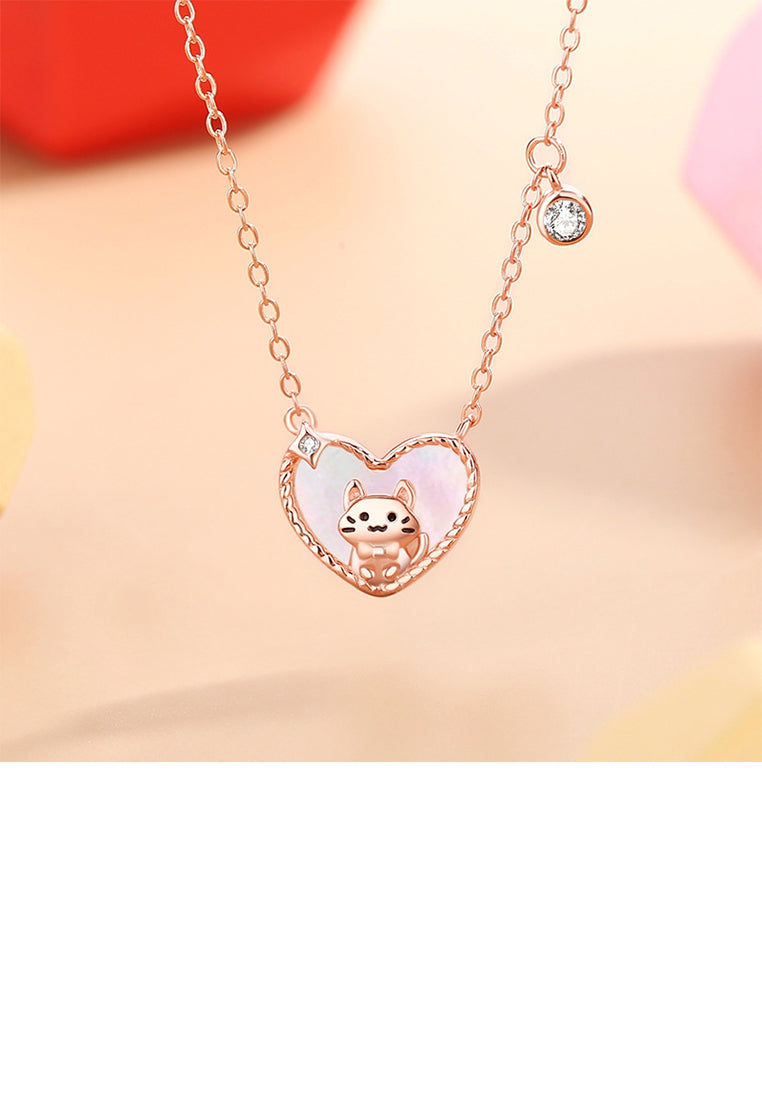 925 Sterling Silver Plated Rose Gold Simple Cute Cat Heart Shaped Mother-of-pearl Pendant with Cubic Zirconia and Necklace - Luxurious Look