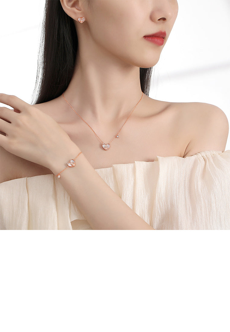 925 Sterling Silver Plated Rose Gold Simple Cute Cat Heart Shaped Mother-of-pearl Pendant with Cubic Zirconia and Necklace - Luxurious Look