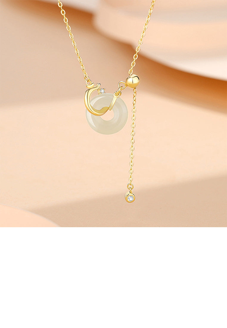 925 Sterling Silver Plated Gold Fashion Simple Dragon Peace Buckle Tassel Pendant with Cubic Zirconia and Necklace - Luxurious Look