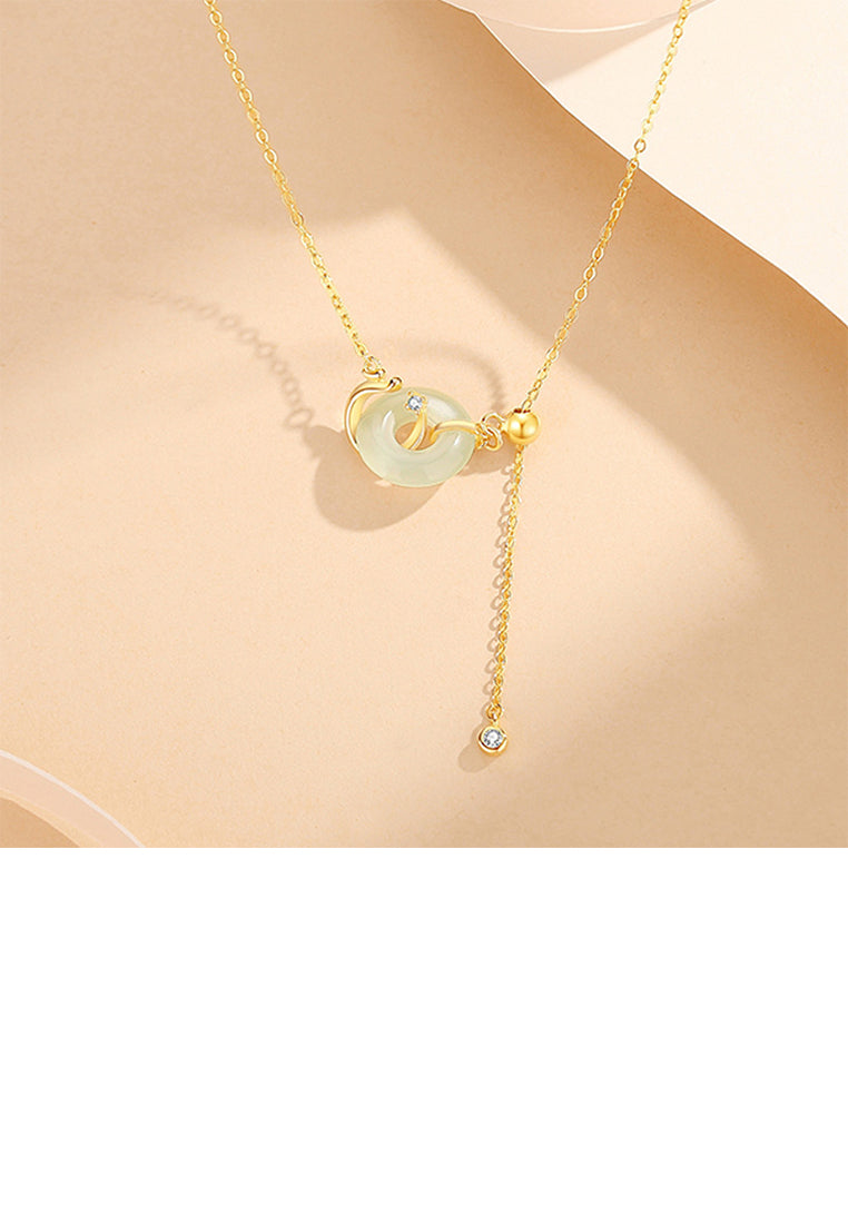 925 Sterling Silver Plated Gold Fashion Simple Dragon Peace Buckle Tassel Pendant with Cubic Zirconia and Necklace - Luxurious Look