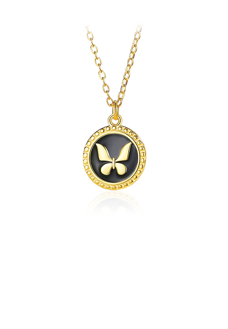 925 Sterling Silver Plated Gold Simple Temperament Butterfly Enamel Round Pendant with Necklace