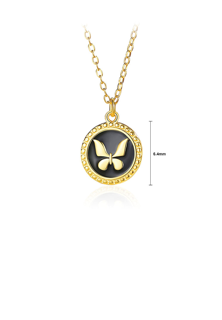 925 Sterling Silver Plated Gold Simple Temperament Butterfly Enamel Round Pendant with Necklace