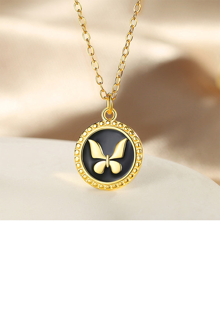 925 Sterling Silver Plated Gold Simple Temperament Butterfly Enamel Round Pendant with Necklace