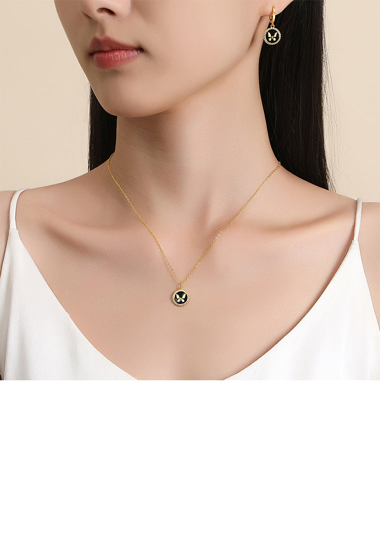 925 Sterling Silver Plated Gold Simple Temperament Butterfly Enamel Round Pendant with Necklace