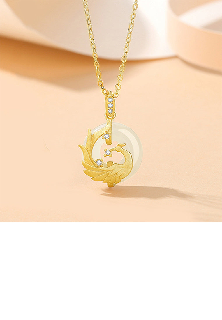 925 Sterling Silver Plated Gold Fashion National Style Phoenix Safety Buckle Pendant with Cubic Zirconia and Necklace - Luxurious Look