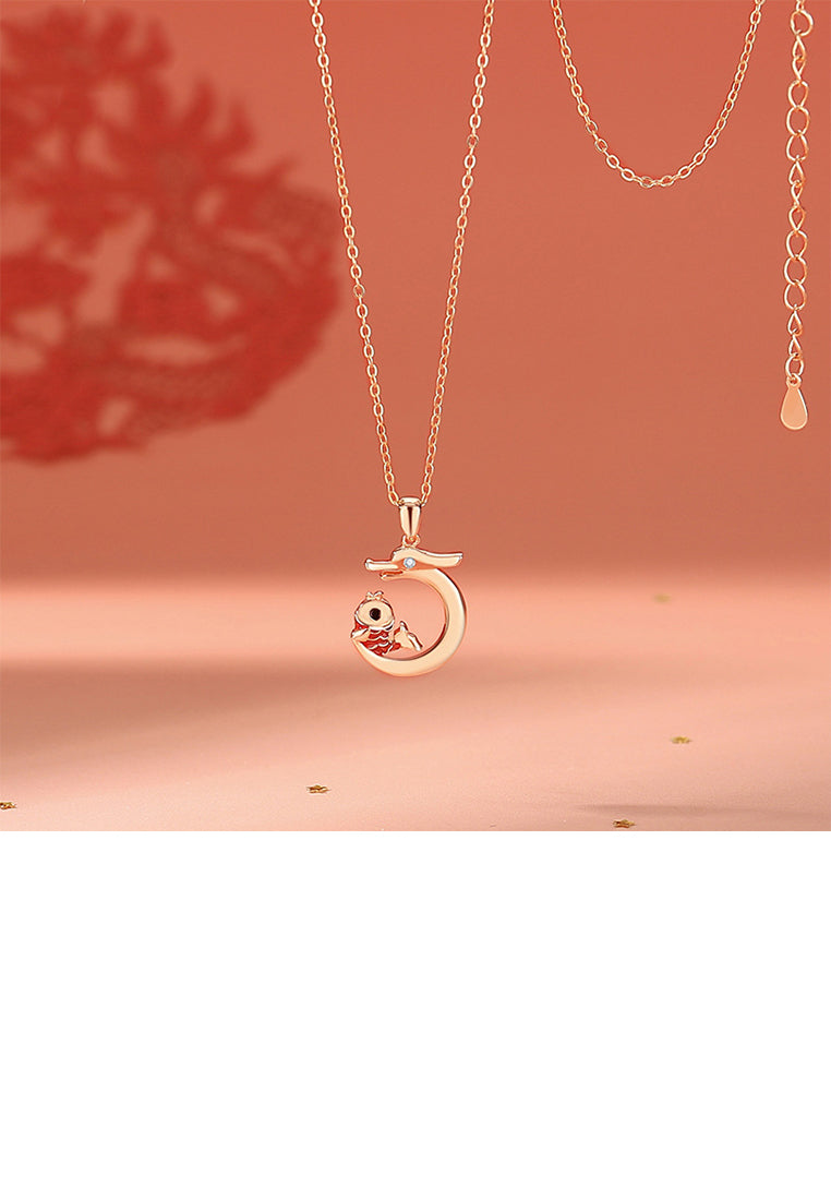 925 Sterling Silver Plated Rose Gold Fashion and Creative Koi Zodiac Dragon Pendant with Cubic Zirconia and Necklace - Luxurious Look