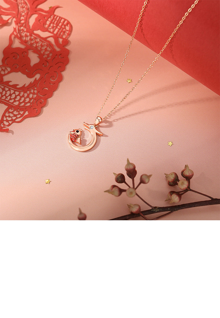925 Sterling Silver Plated Rose Gold Fashion and Creative Koi Zodiac Dragon Pendant with Cubic Zirconia and Necklace - Luxurious Look