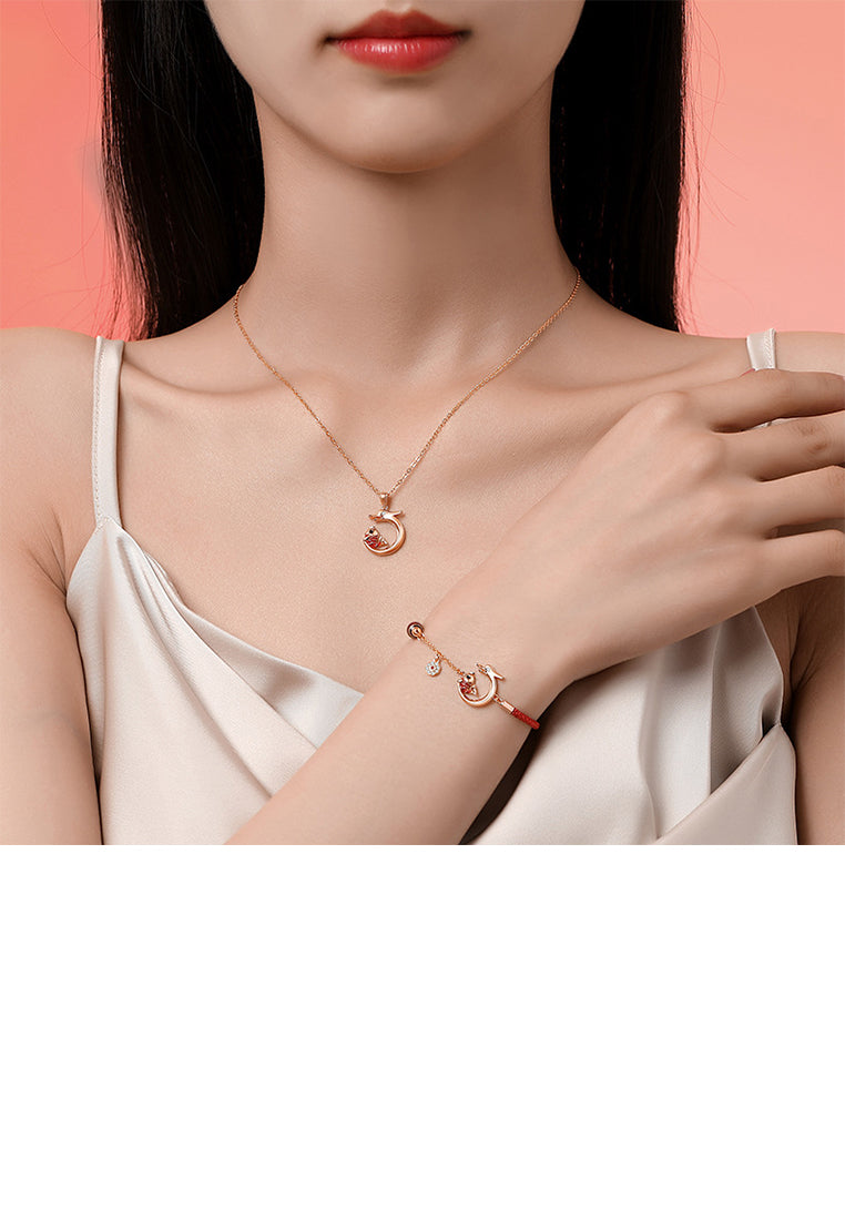 925 Sterling Silver Plated Rose Gold Fashion and Creative Koi Zodiac Dragon Pendant with Cubic Zirconia and Necklace - Luxurious Look