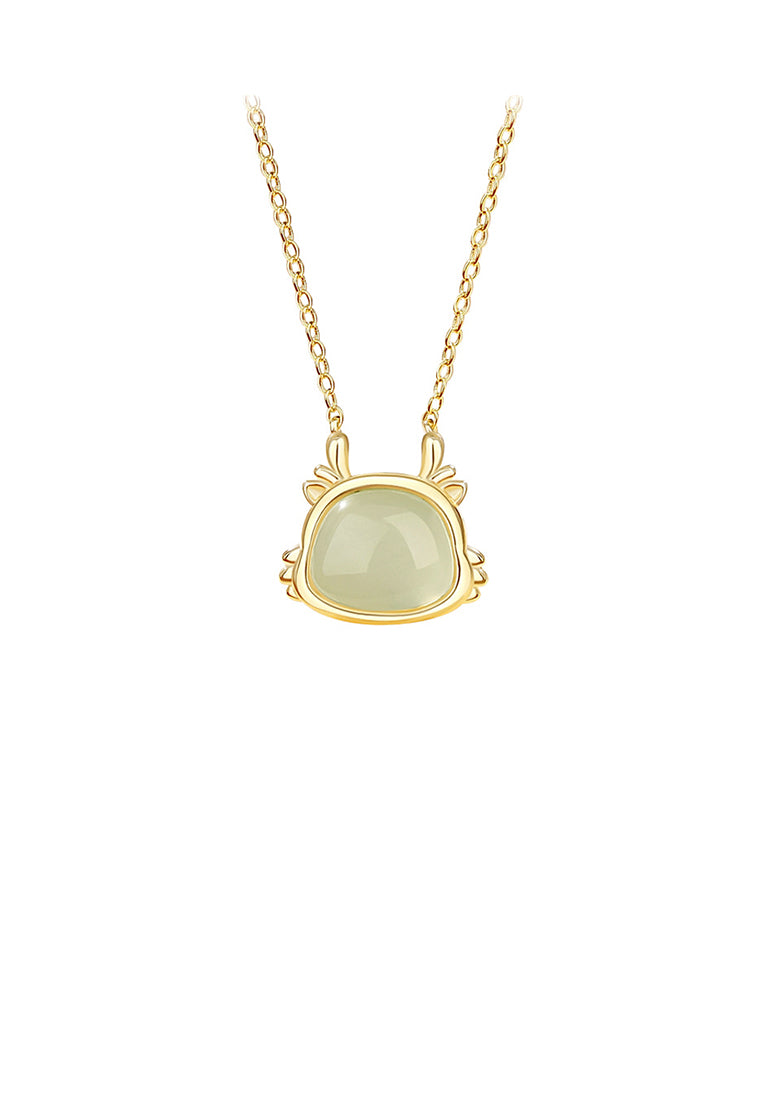 925 Sterling Silver Plated Gold Simple and Fashion Twelve Zodiac Dragon Pendant with Imitation Hetian Jade and Necklace