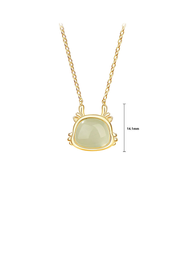 925 Sterling Silver Plated Gold Simple and Fashion Twelve Zodiac Dragon Pendant with Imitation Hetian Jade and Necklace