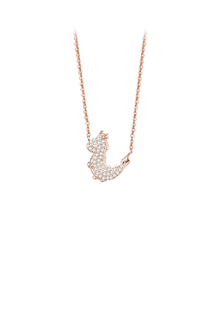 925 Sterling Silver Plated Rose Gold Simple and Bright Zodiac Dragon Pendant with Cubic Zirconia and Necklace - Luxurious Look