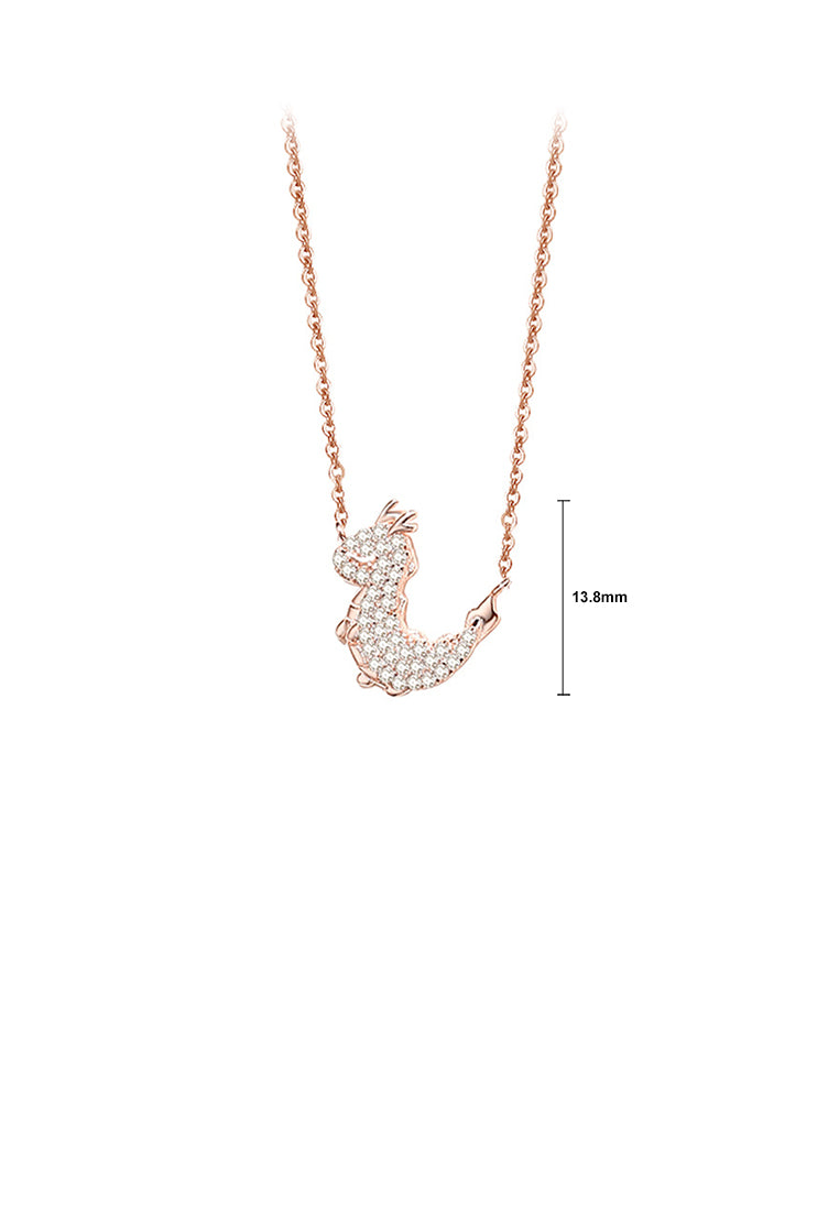 925 Sterling Silver Plated Rose Gold Simple and Bright Zodiac Dragon Pendant with Cubic Zirconia and Necklace - Luxurious Look
