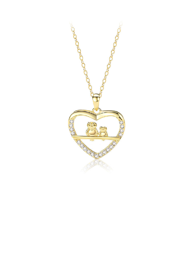 925 Sterling Silver Plated Gold Fashion Simple Owl Heart Pendant with Cubic Zirconia and Necklace - Luxurious Look