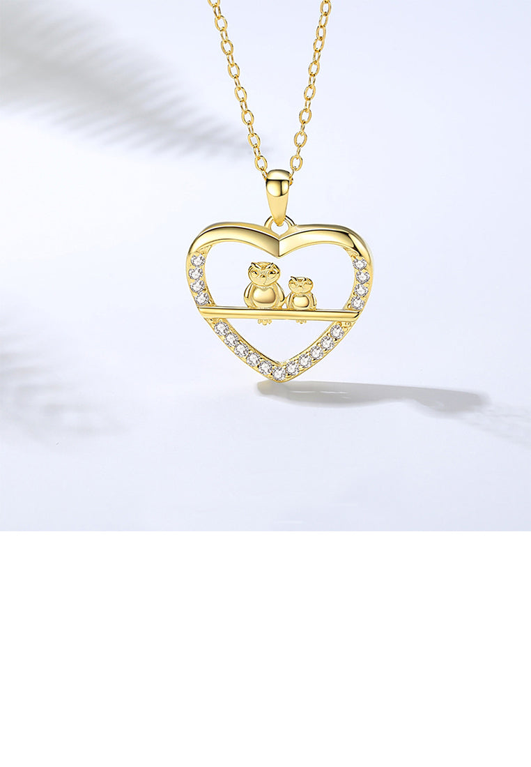925 Sterling Silver Plated Gold Fashion Simple Owl Heart Pendant with Cubic Zirconia and Necklace - Luxurious Look