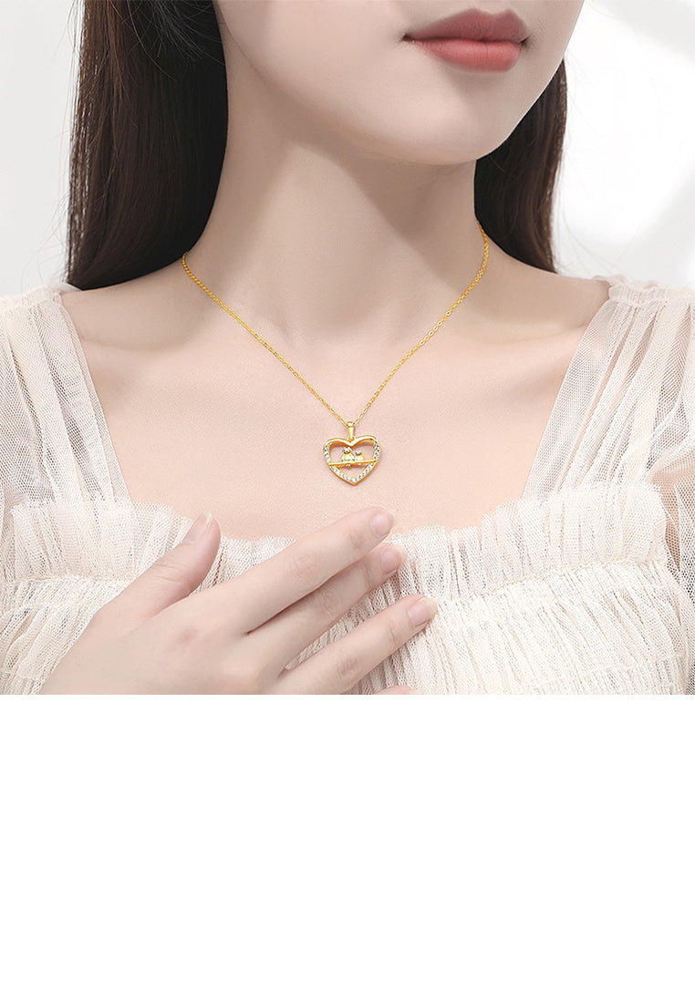 925 Sterling Silver Plated Gold Fashion Simple Owl Heart Pendant with Cubic Zirconia and Necklace - Luxurious Look