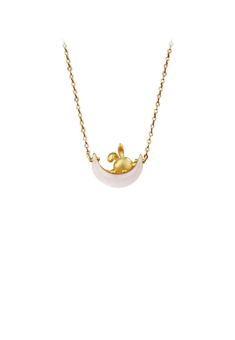 925 Sterling Silver Plated Gold Fashion Simple Rabbit Moon Imitation Chalcedony Pendant with Necklace