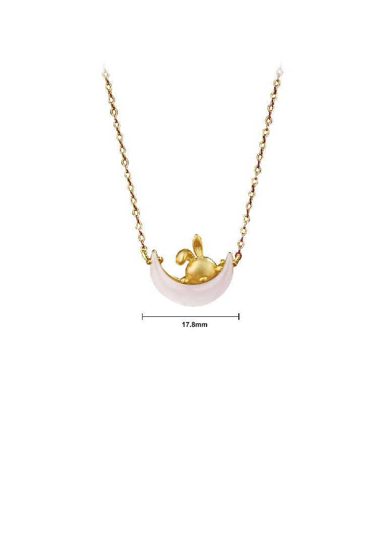 925 Sterling Silver Plated Gold Fashion Simple Rabbit Moon Imitation Chalcedony Pendant with Necklace