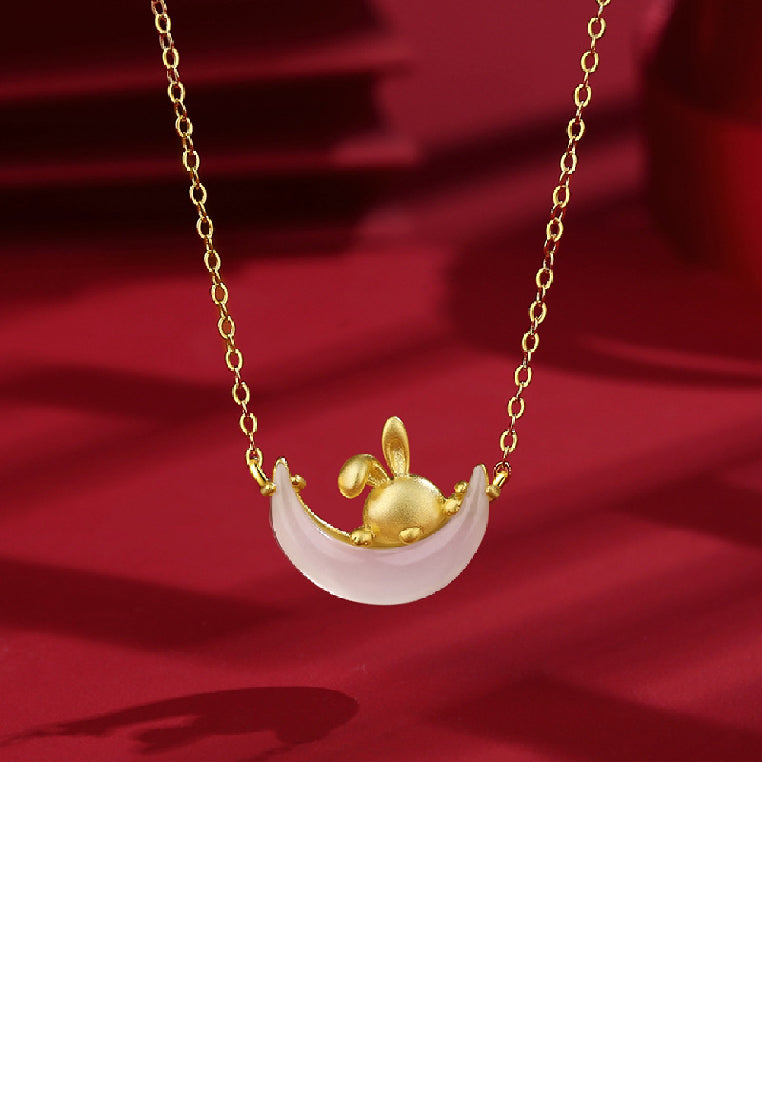 925 Sterling Silver Plated Gold Fashion Simple Rabbit Moon Imitation Chalcedony Pendant with Necklace