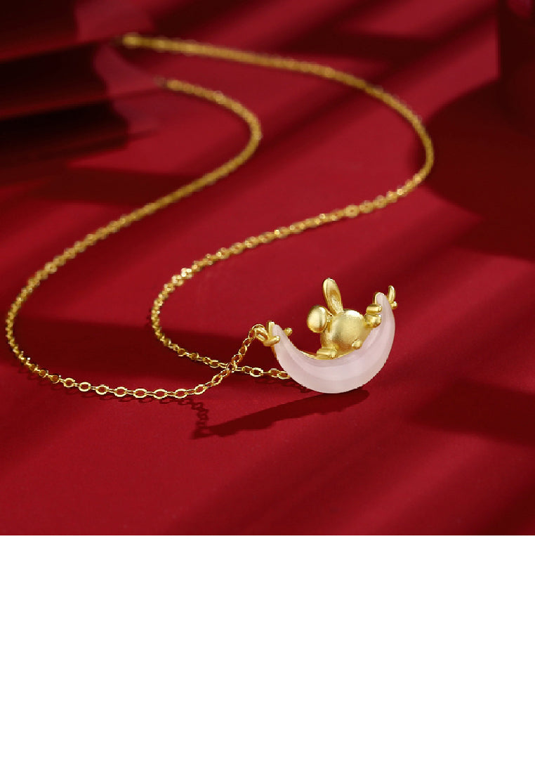 925 Sterling Silver Plated Gold Fashion Simple Rabbit Moon Imitation Chalcedony Pendant with Necklace