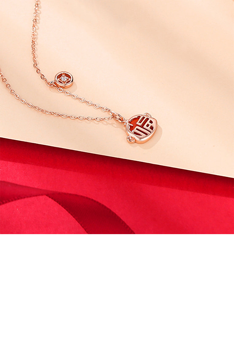 925 Sterling Silver Rose Plated Gold Fashion Vintage Zodiac Monkey Imitation Agate Pendant with Cubic Zirconia and Necklace - Luxurious Look