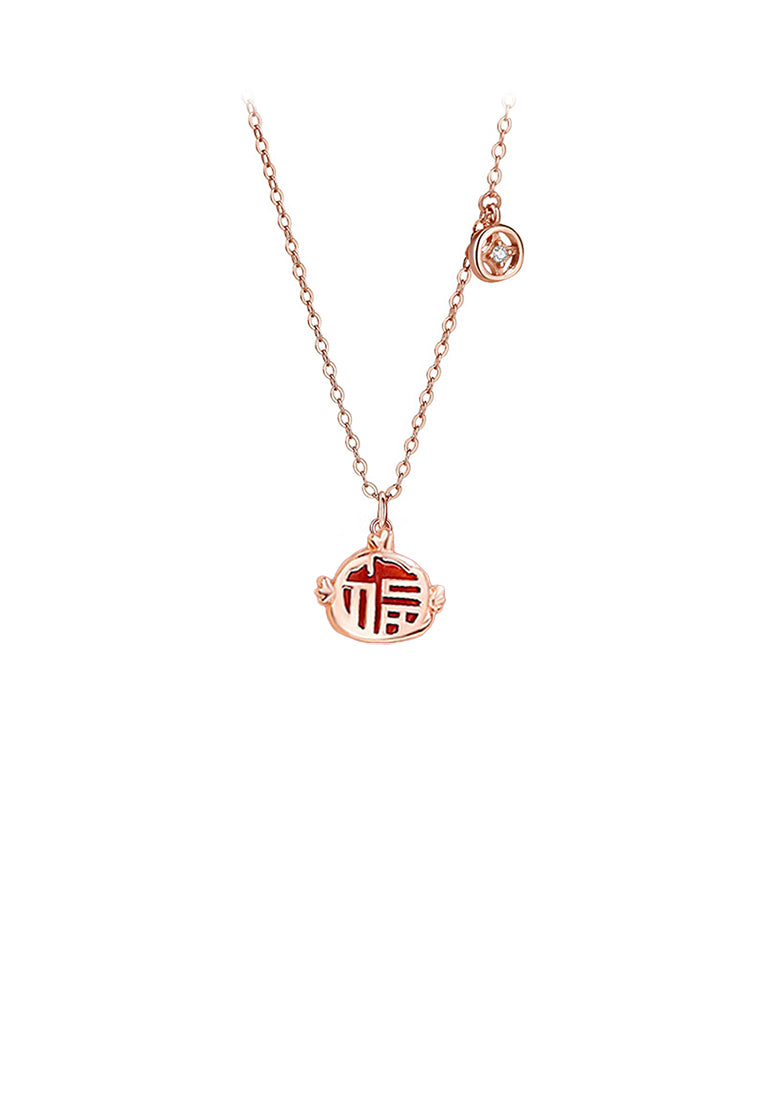 925 Sterling Silver Rose Plated Gold Fashion Vintage Zodiac Cock Imitation Agate Pendant with Cubic Zirconia and Necklace - Luxurious Look