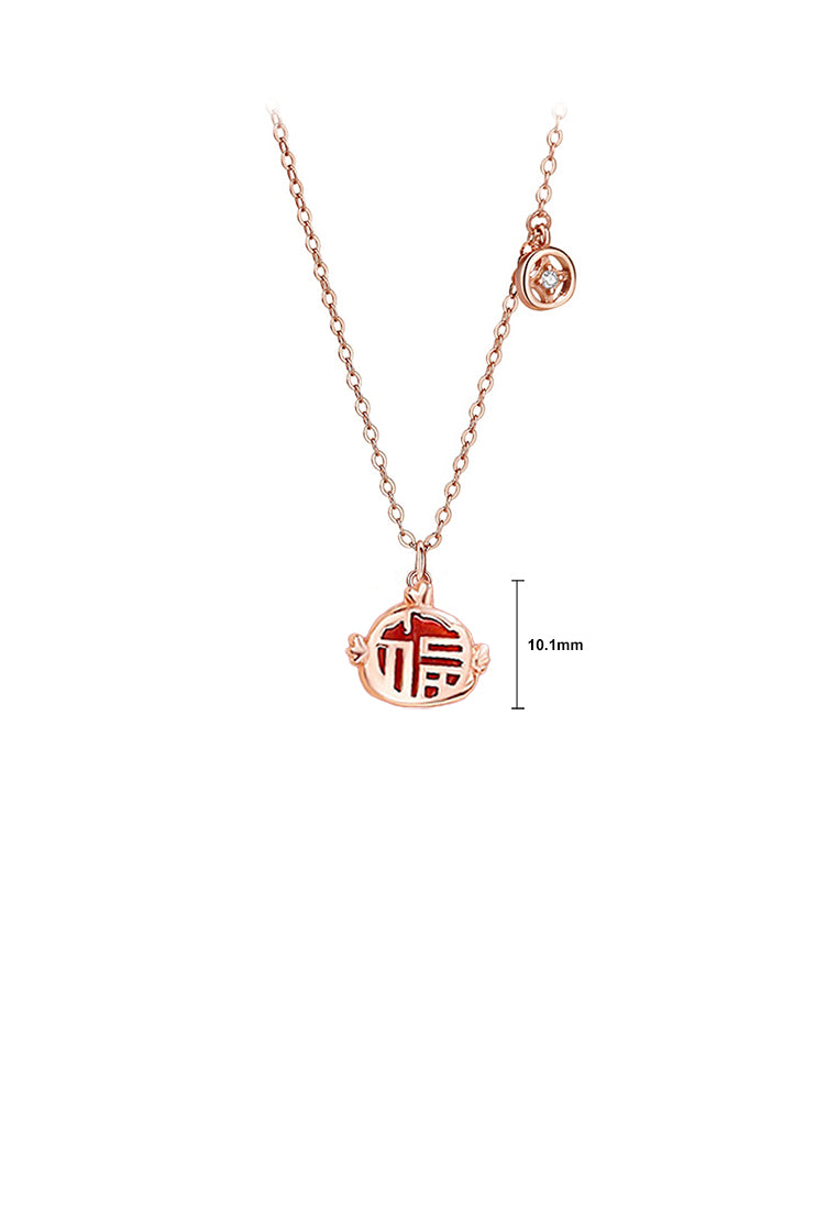 925 Sterling Silver Rose Plated Gold Fashion Vintage Zodiac Cock Imitation Agate Pendant with Cubic Zirconia and Necklace - Luxurious Look
