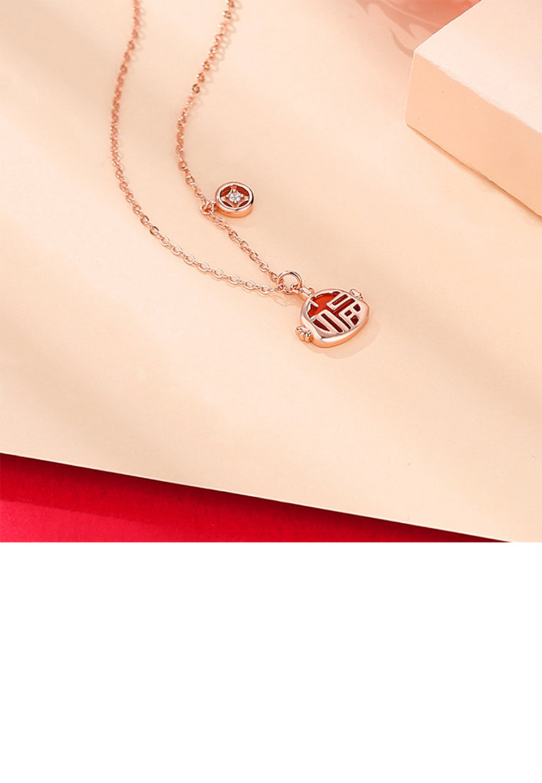 925 Sterling Silver Rose Plated Gold Fashion Vintage Zodiac Cock Imitation Agate Pendant with Cubic Zirconia and Necklace - Luxurious Look