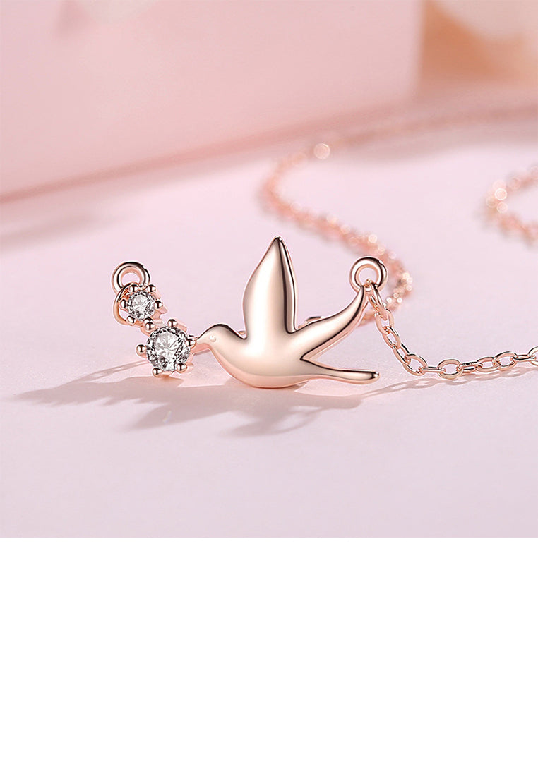 925 Sterling Silver Plated Rose Gold Simple Cute Swallow Pendant with Cubic Zirconia and Necklace - Luxurious Look